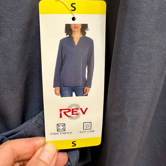 New Rev3 Tunic Blouse Women's Size S Navy Plum Center Back Pleat Stretch Office - Picture 10 of 14